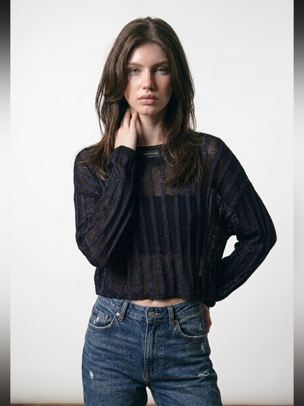 Aritzia babaton  Black & Navy Sheer Striped Knit Sweater